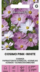 Balenie semien kompaktnej jednoročnej krasuľky perovitej odrody Cosimo Pink-White s pestrými ružovo-bielymi kvetmi pre jarný výsev