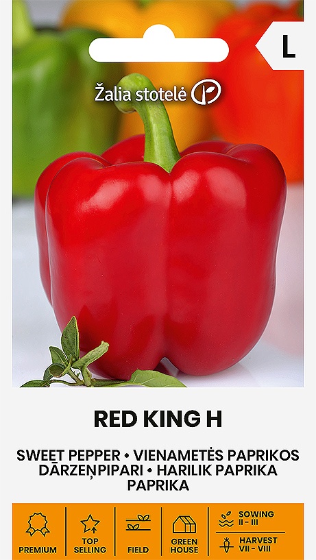 Balenie semien skorej sladkej červenej papriky s veľkými kockovitými plodmi odrody Red King F1 (Capsicum annuum) pre skleníkové pestovanie