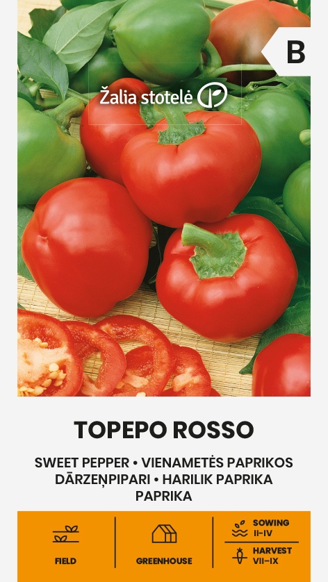 Balenie semien sladkej guľatej papriky odrody Topepo Rosso (Capsicum annuum) v tvare paradajky na výsev