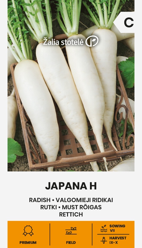 Balenie semien dlhej bielej japonskej reďkovky odrody Japana F1 (Raphanus sativus) na letný výsev